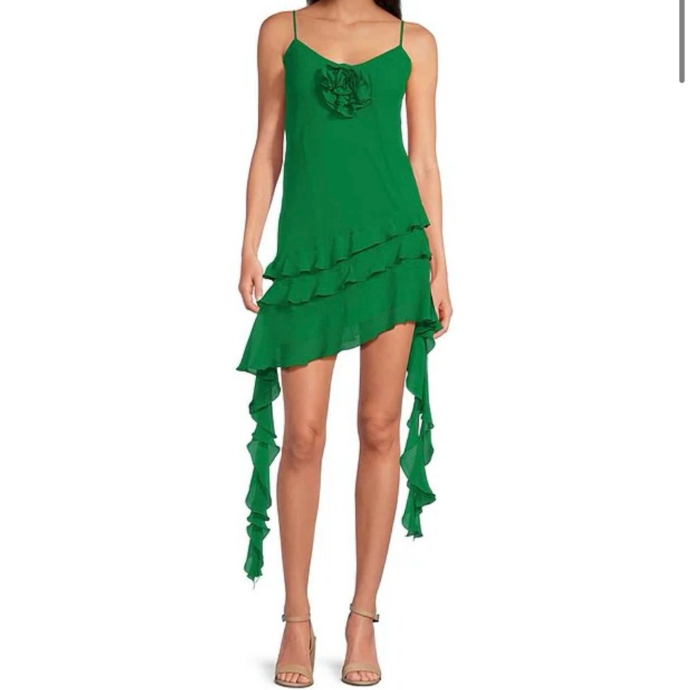 Gianni Bini Belle Rosette Sweetheart Neck Sleeveless Ruffle Chiffon Mini Dress